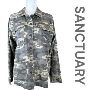 SANCTUARY Gray Camo Button Front Utility Jacket w/Pockets, Size L.
